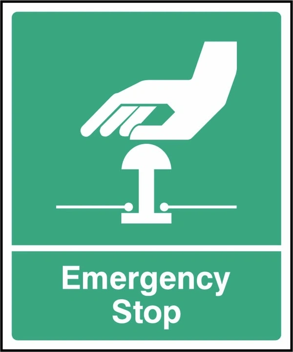 Emergency Stop sign showing green background and stop-button pictogram. Artwork FAID0050.