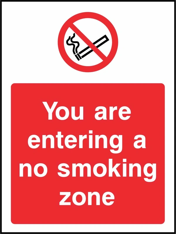 You are entering a no smoking zone sign. red prohibition pictogram above a red wording panel. Artwork SMOK0056.