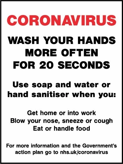 Coronavirus — Wash your hands more often for 20 seconds. Workplace hygiene artwork FOOD0108.