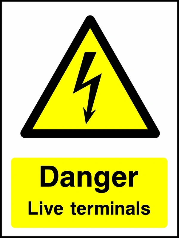 Danger — Live terminals sign showing yellow electrical lightning bolt warning triangle above wording. Artwork ELEC0047.