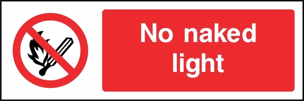 No naked light sign. red cigarette or naked-flame prohibition pictogram beside a red wording panel. Artwork SMOK0025.