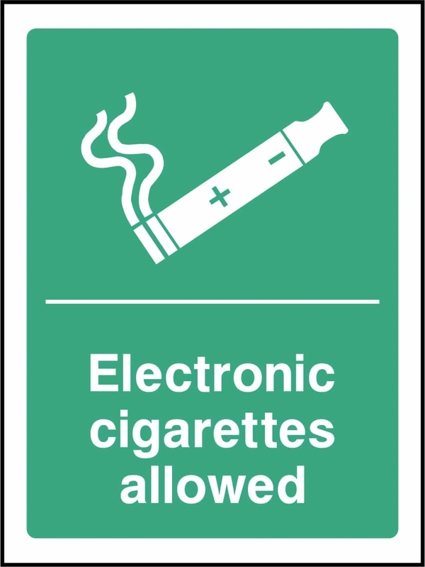 Electronic cigarettes allowed sign. green smoking or vaping pictogram and wording panel. Artwork SMOK0087.