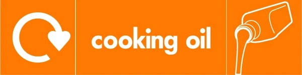 Cooking oil collection-point artwork with a white recycling arrow, item illustration and wording on orange. OTHE0023.