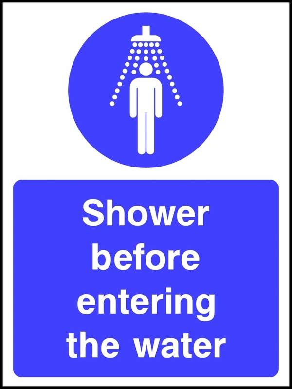 Shower before entering the water sign showing a blue instruction pictogram above the printed wording. Artwork WATE0053.