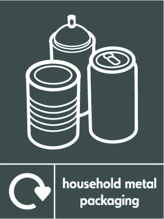 Household metal packaging recycling sign showing white recycling arrow, material illustration and wording on a dark grey portrait panel. Artwork META0056.