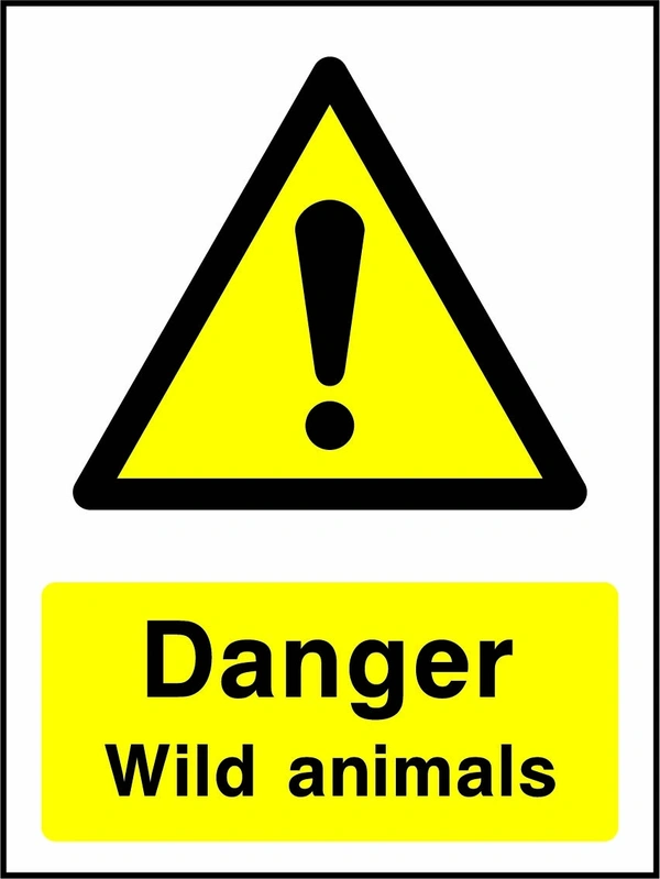Danger — Wild animals sign showing yellow warning triangle and exclamation mark above wording. Artwork COUN0040.