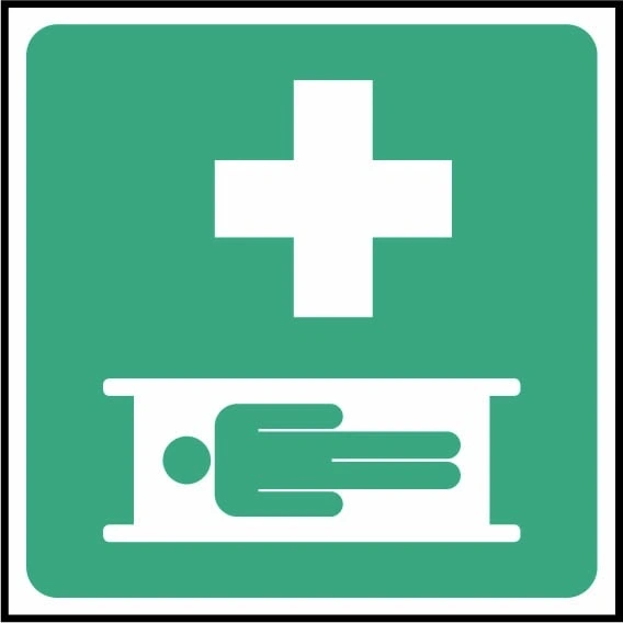 Stretcher pictogram sign showing person on stretcher and white cross. Artwork FAID0023.