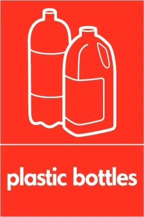 Plastic bottles recycling sign showing white plastic illustration and wording on a red portrait panel. Artwork PLAS0023.