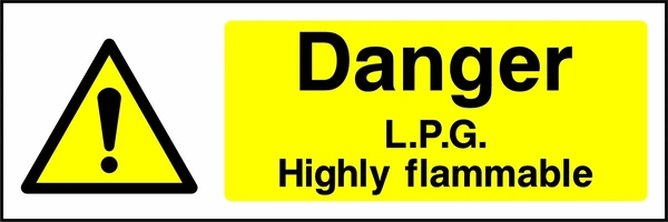 Danger — L.P.G. highly flammable sign with yellow triangular exclamation mark pictogram beside wording. Artwork CHEM0024.