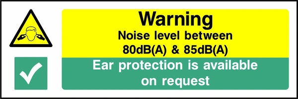 Warning — Noise level between 80dB(A) & 85dB(A) — Ear protection is available on request sign showing collated noise warning and green ear-protection information panels. Artwork MACH0039.