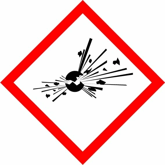 Exploding bomb red diamond pictogram sign showing diamond-shaped dangerous-substance symbol with supplied colours and markings. Artwork DANG0040.