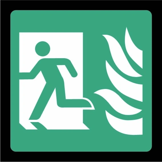 Green and white Fire exit pictogram — Left sign showing left-facing running person and flames. Artwork EMER0055.