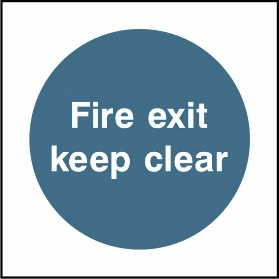 Fire exit keep clear sign showing blue circular mandatory wording. Artwork FPRV0006.