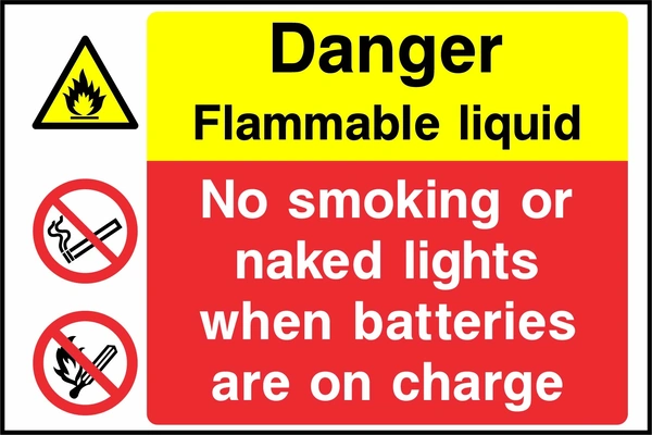 Danger — Flammable liquid — No smoking or naked lights when batteries are on charge. Stacked message panels. Artwork MULT0030.