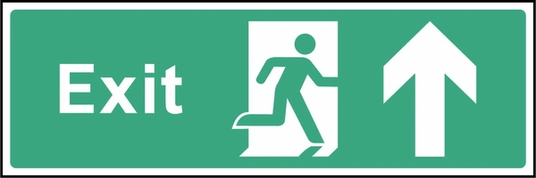 Green and white Exit sign showing upward arrow. Artwork EMER0015.