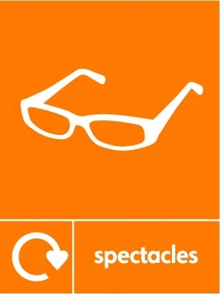 Spectacles collection-point artwork with a white recycling arrow, item illustration and wording on orange. OTHE0038.