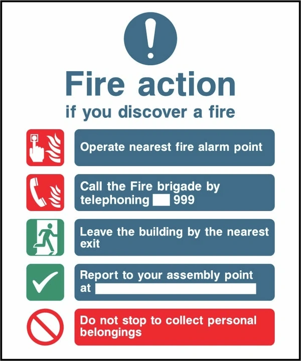 Fire action — If you discover a fire printed notice with the original action instructions and layout. Artwork FACT0015.
