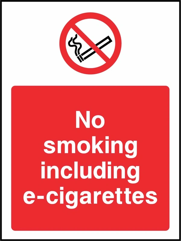 No smoking including e-cigarettes sign. red prohibition pictogram above a red wording panel. Artwork SMOK0064.