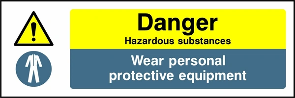 Danger — Hazardous substances — Wear personal protective equipment sign with combined yellow warning and blue mandatory instruction panels. Artwork CHEM0092.