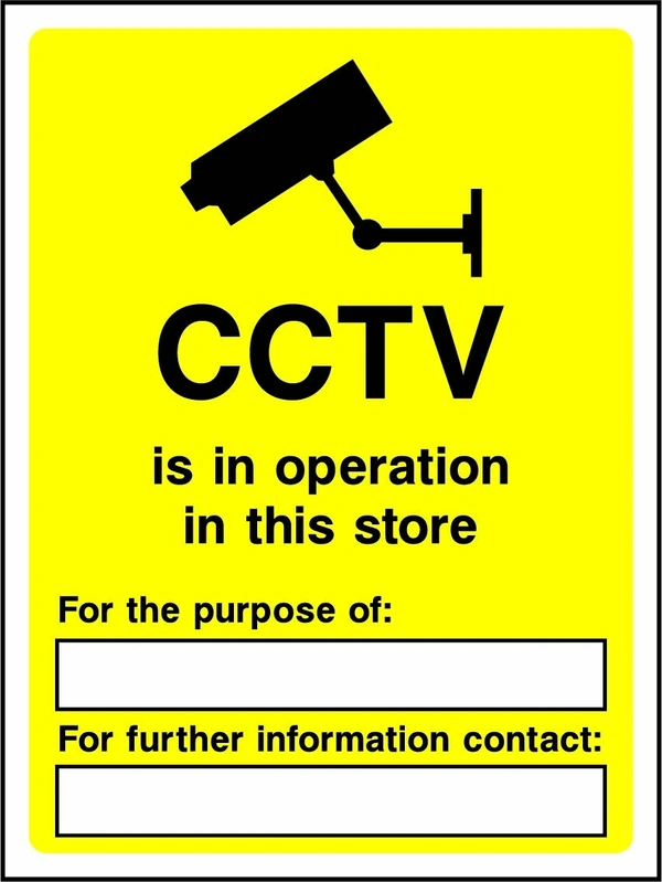 CCTV is in operation in this store sign. black CCTV camera pictogram and wording on a yellow panel. Artwork SECU0004.