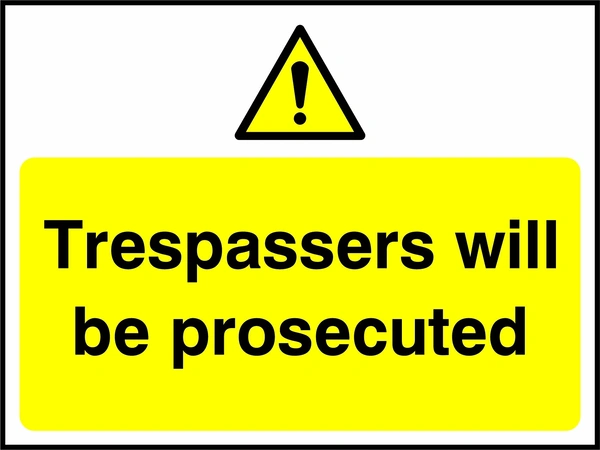 Trespassers will be prosecuted sign. yellow pictogram and text panel. Artwork SECU0052.