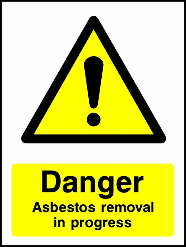 Danger — Asbestos removal in progress sign with yellow triangular exclamation mark pictogram above wording. Artwork CHEM0069.