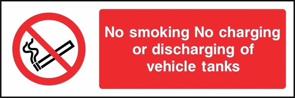 No smoking — No charging or discharging of vehicle tanks sign. red cigarette or naked-flame prohibition pictogram beside a red wording panel. Artwork SMOK0018.