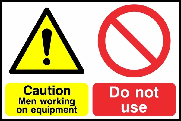Caution — Men working on equipment — Do not use. combined warning and instruction panels. Artwork LOCK0017.