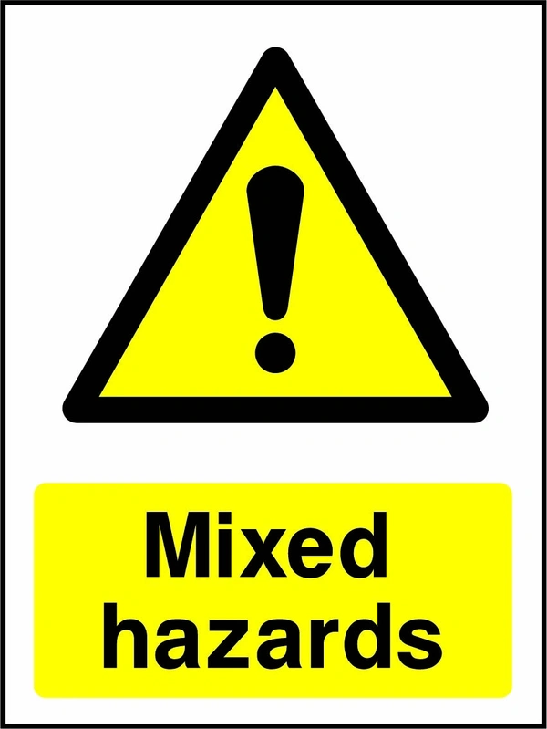 Mixed hazards sign with yellow triangular exclamation mark pictogram above wording. Artwork CHEM0076.
