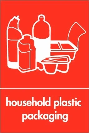 Household plastic packaging recycling sign showing white plastic illustration and wording on a red portrait panel. Artwork PLAS0020.
