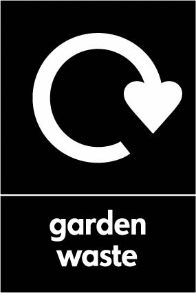 Garden waste recycling sign showing white recycling arrow and wording on a black portrait panel. Artwork ORGA0015.
