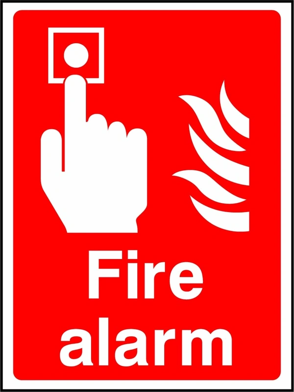 Fire alarm sign showing hand pressing alarm button above wording. Artwork FEQP0005.