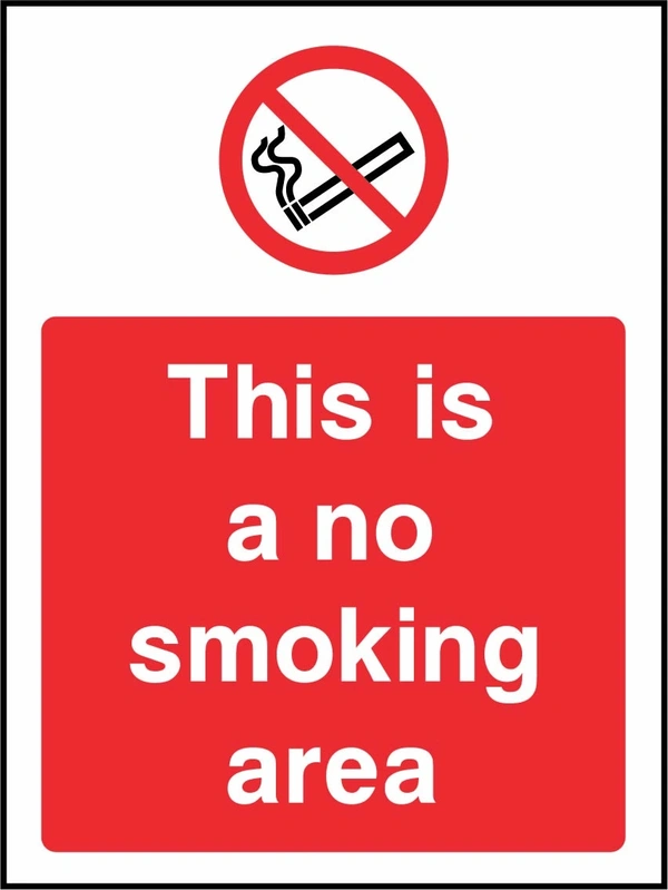 This is a no smoking area sign. red prohibition pictogram above a red wording panel. Artwork SMOK0050.