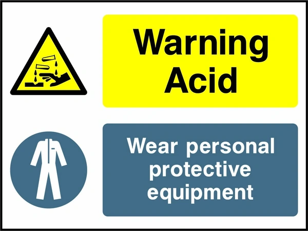 Warning — Acid — Wear personal protective equipment sign showing yellow warning and blue protective-equipment instruction panels. Artwork PROT0020.