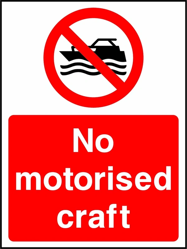 No motorised craft sign showing a red prohibition pictogram above the printed instruction. Artwork WATE0008.