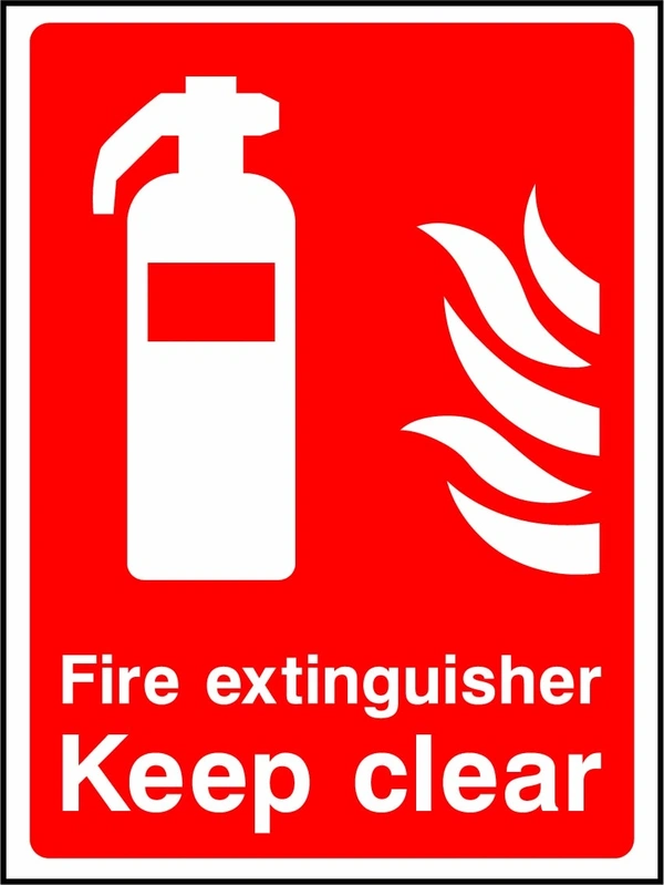 Fire extinguisher — Keep clear sign showing extinguisher pictogram and keep-clear wording. Artwork FEQP0004.