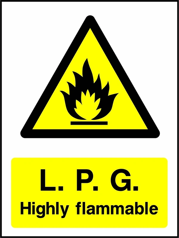 L.P.G. — Highly flammable sign with yellow triangular flame pictogram above wording. Artwork CHEM0085.