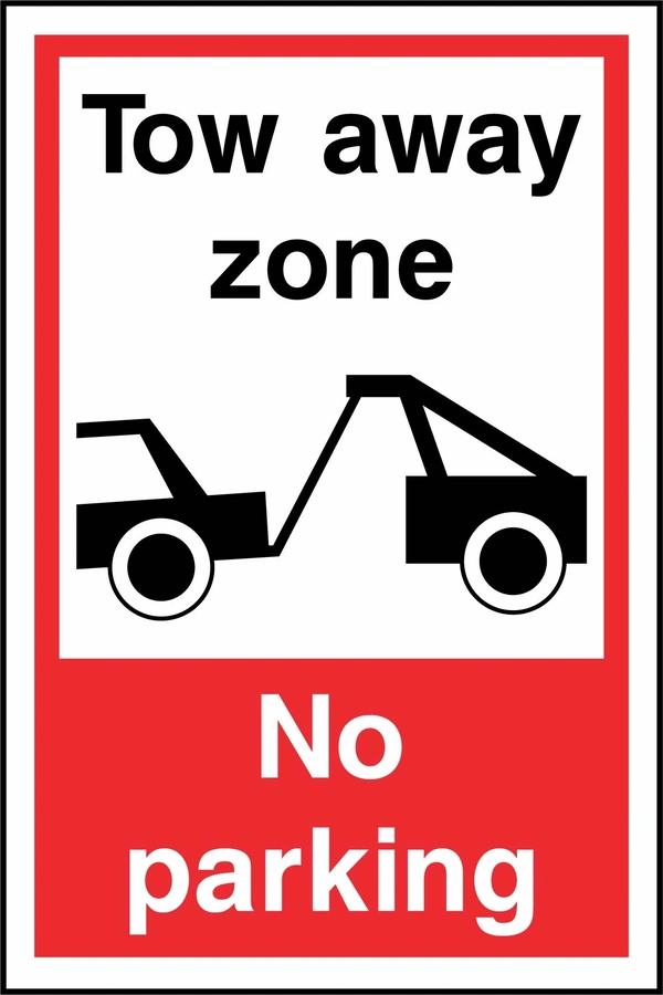 Tow away zone — No parking sign. tow-truck pictogram with red-and-white wording. Supplied artwork PARK0082.