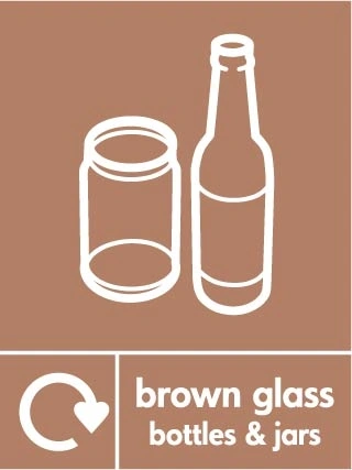 Brown glass bottles & jars recycling sign showing recycling arrow and glass illustration and wording on a brown portrait panel. Artwork GLAS0024.
