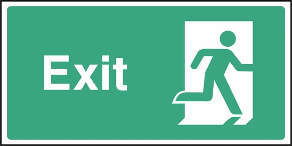 Green and white Exit sign showing a running-person symbol facing right. Artwork EMER0033.