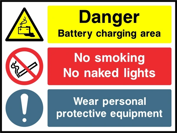 Danger — Battery charging area — No smoking, no naked lights — Wear personal protective equipment sign showing the supplied warning, instruction and information panels. Artwork GARA0025.