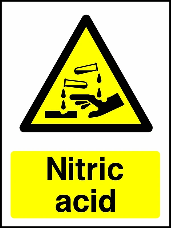 Nitric acid sign with yellow triangular corrosion pictogram above wording. Artwork CHEM0051.