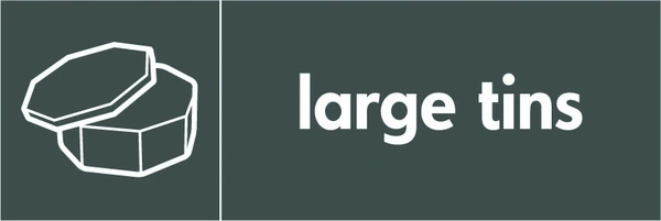 Large tins recycling sign showing white material illustration and wording on a dark grey letterbox panel. Artwork META0019.