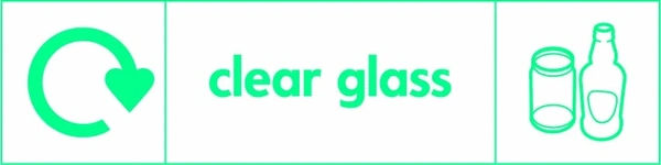 Clear glass recycling sign showing recycling arrow and glass illustration and wording on a green on white letterbox panel. Artwork GLAS0008.