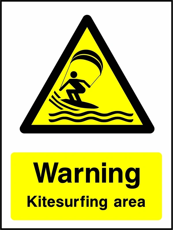 Warning — Kitesurfing area sign showing a yellow warning triangle above the printed water or coastal hazard message. Artwork WATE0051.