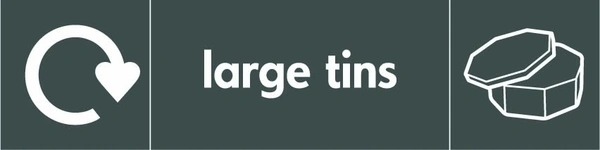 Large tins recycling sign showing white recycling arrow, material illustration and wording on a dark grey letterbox panel. Artwork META0030.