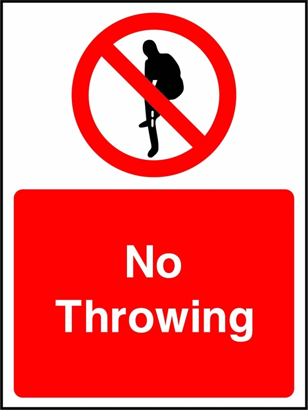 No throwing sign showing a red prohibition pictogram above the printed instruction. Artwork WATE0021.