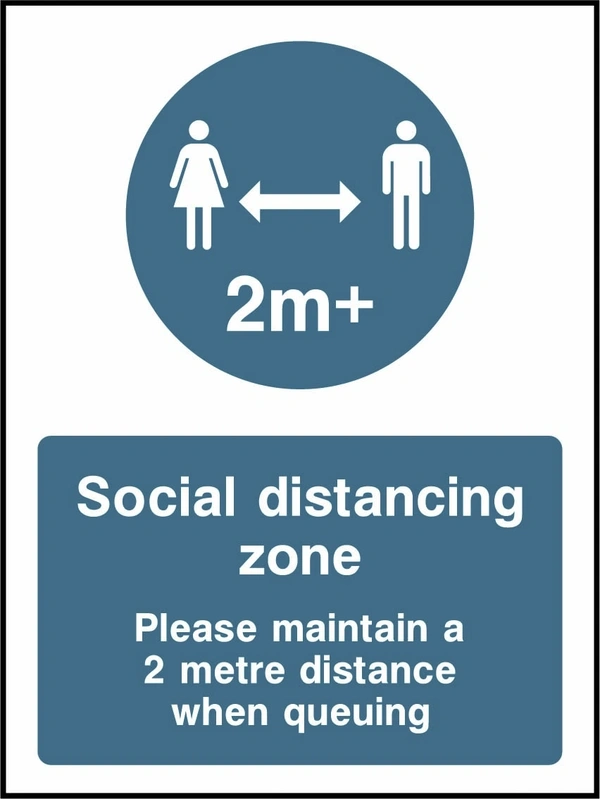 Social distancing zone — Please maintain a 2 metre distance when queuing. the blue instruction panel, symbols and any yellow header shown. Artwork COVI0002.