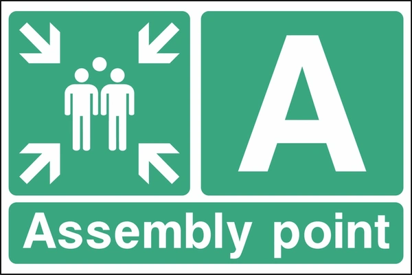 A — Assembly point sign showing assembly point A with group and inward arrows. Artwork EMER0087.