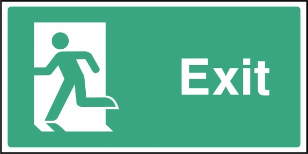 Green and white Exit sign showing a running-person symbol facing left. Artwork EMER0034.
